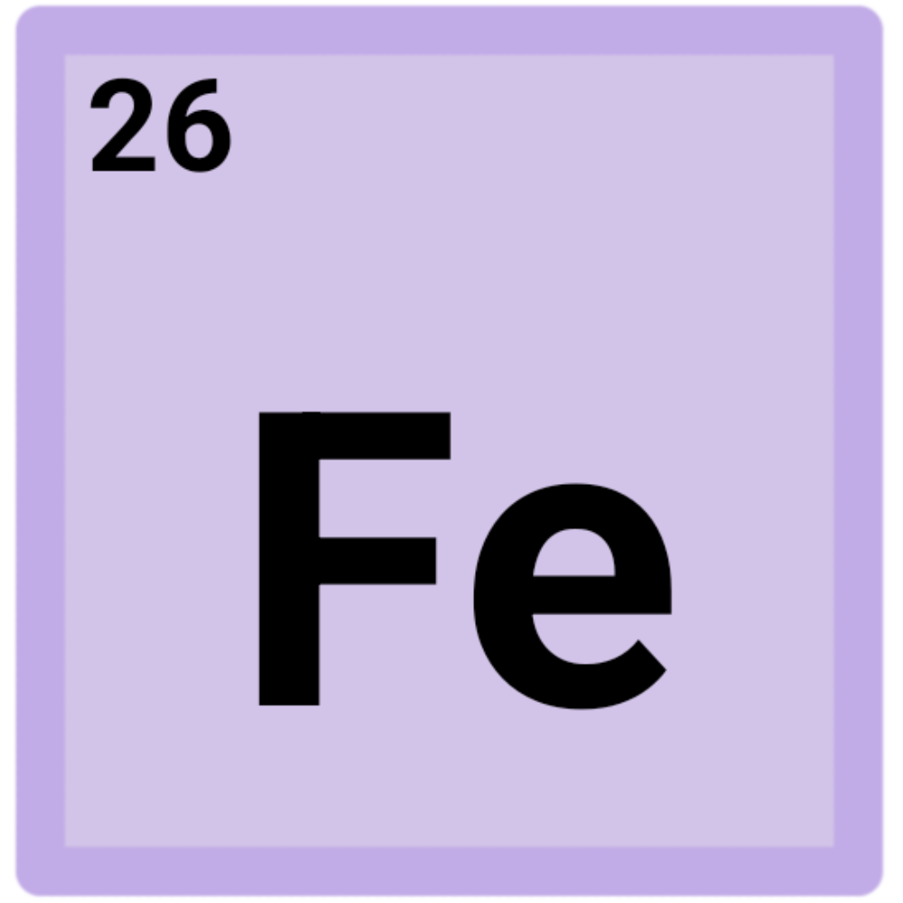 a pastel purple square with 'Fe' in the middle and a '26' in the top left corner.